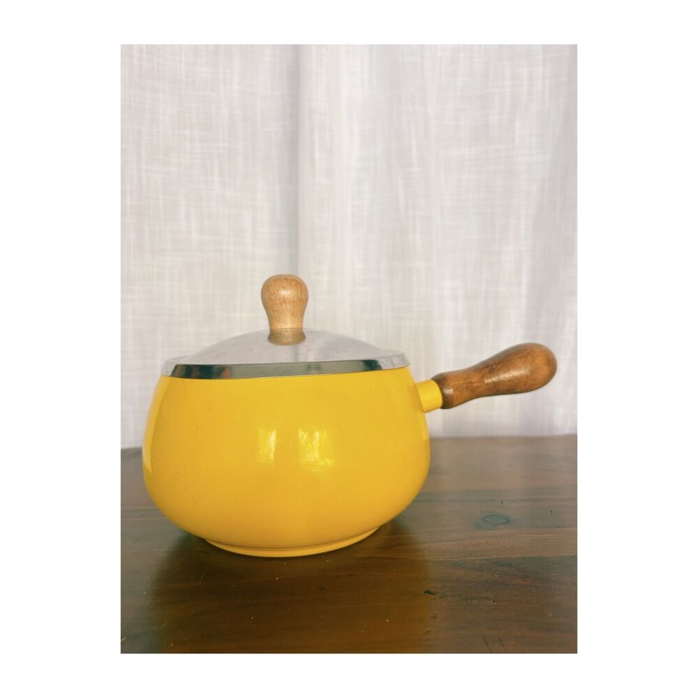 Vintage 1970s Yellow Enamel Fondue Pot Saucepan Wood Handle Copco Style